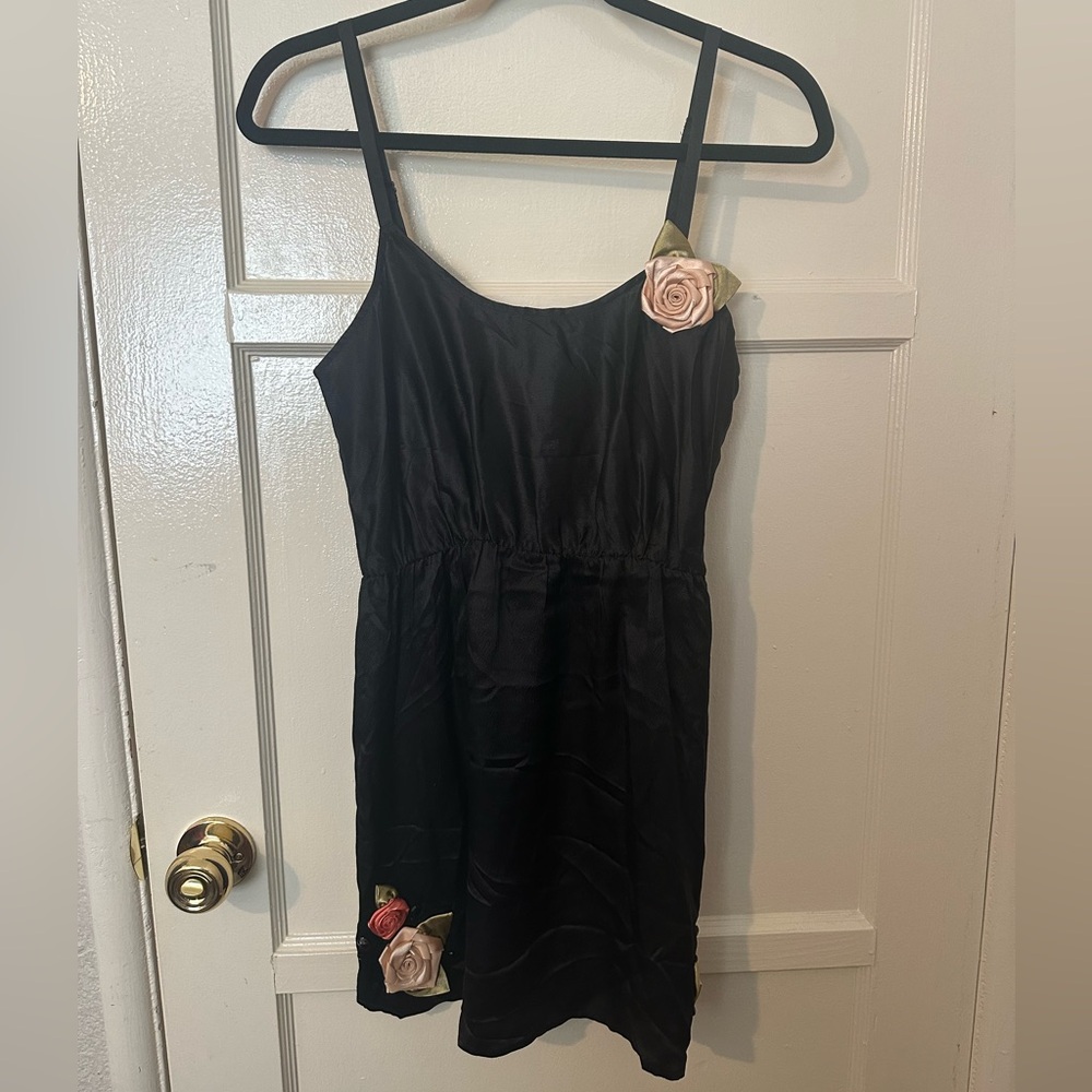 Anthropologie Eloise Black Silk Slip Dress with Floral and Black Bead Accents